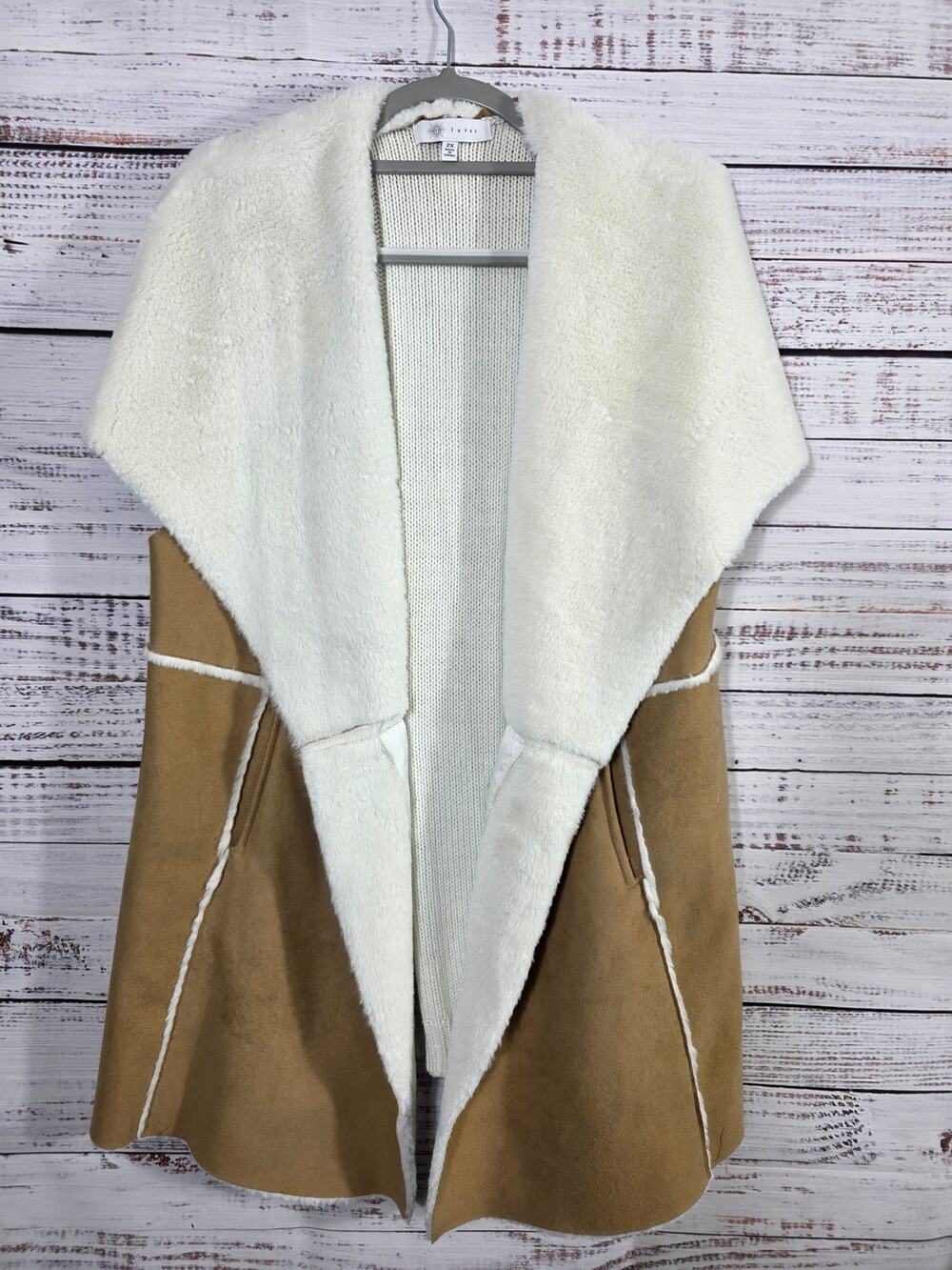 Fever Women's 2X Sherpa Lined Open Front Cardigan Vest Tan Cream Boho Cozy